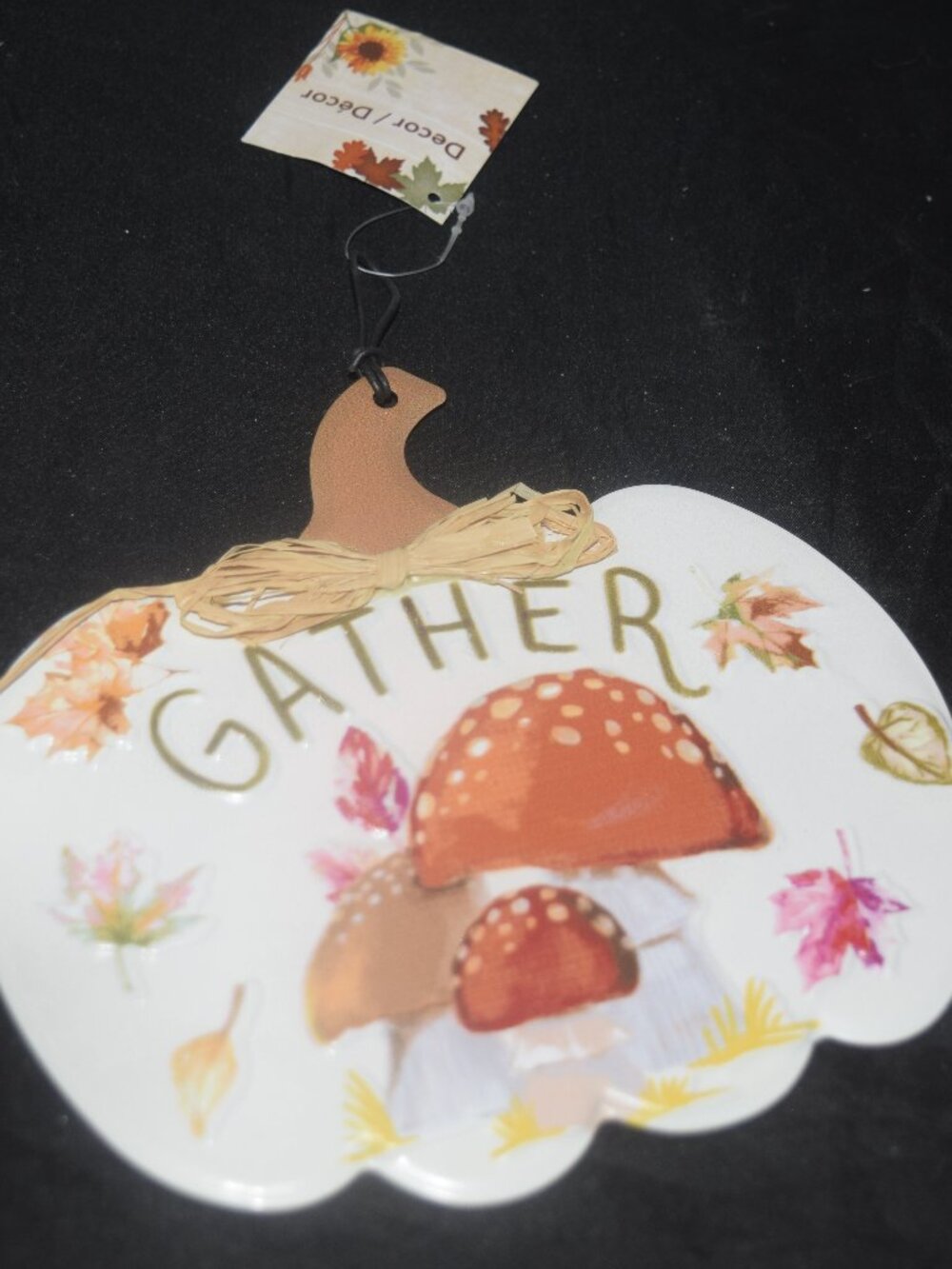 🍁NWT Gather White Pumpkin Sign Fall Mushroom Foliage Thanksgiving Decor